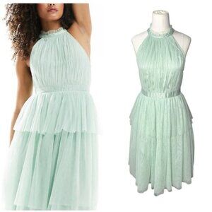 Vila halterneck tulle Midi dress with tiered skirt in mint green in Size 4